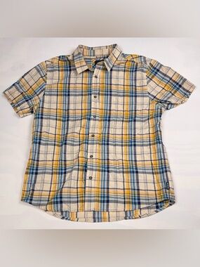Prana Casual Button Up Yellow Plaid Short Sleeve Shirt Pocket Mens L